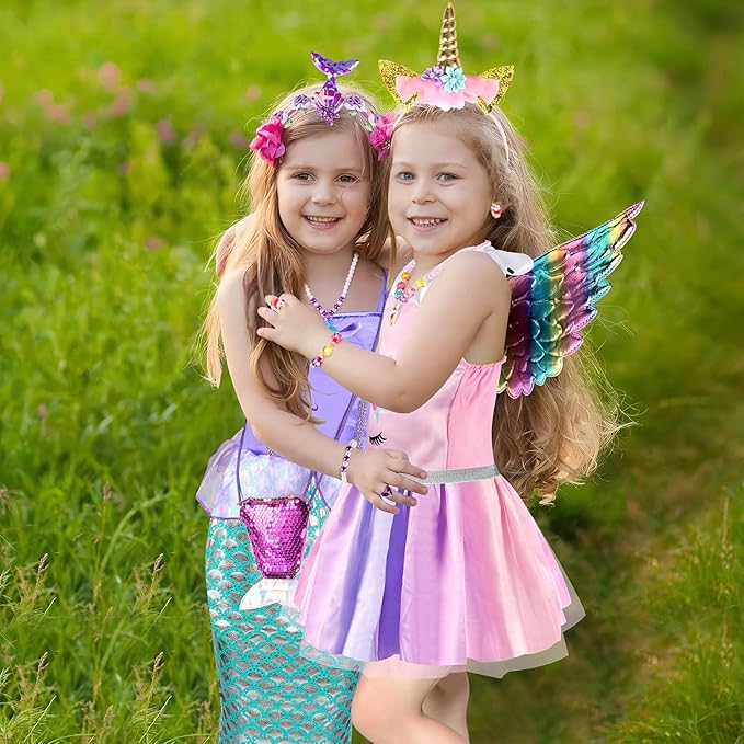 Toddlers Princess Dress Up Clothes for Little Girls 3 4 5 6, Unicorn & Mermaid Kids Dress Up Princess Costume with Wing, Shoes, Play Jewelry, Kids Pretend Play Princess Toys Gifts for Girls Toddlers
