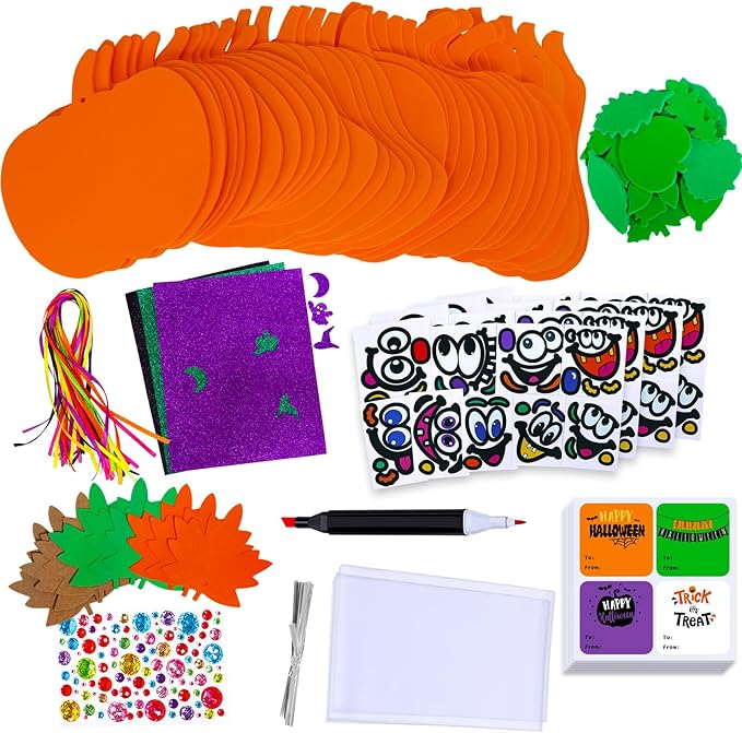 Winlyn 36 Sets Fall Halloween Pumpkin Decorations DIY Pumpkin Craft Kits Foam Pumpkin Shapes with Jack-O'-Lantern Face Glitter Halloween Stickers Maple Leaf for Kids Party Favors Classroom Activities