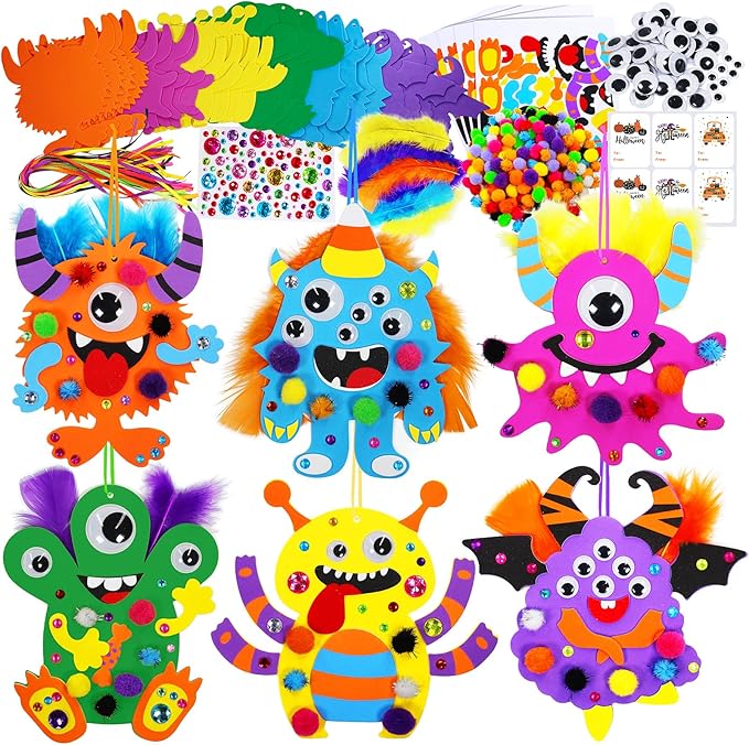Winlyn 24 Sets Halloween Craft Kits Fall Kids Crafts DIY Monster Ornaments Decorations Art Sets Foam Halloween Monster Stickers Googly Eyes for Kids Autumn Halloween Classroom Party Activities