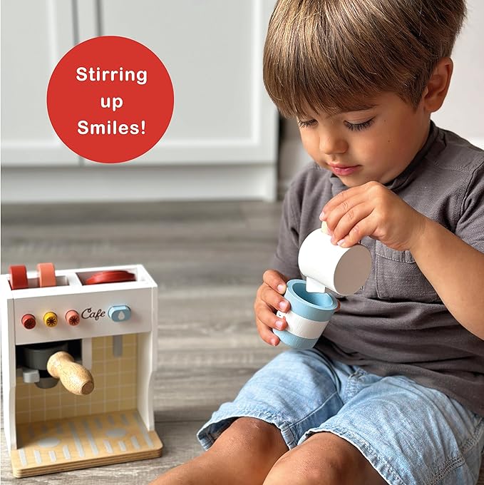 Mentari Toys - Barista Set - Wooden Coffee Machine Pretend Food Play Toy with Espresso Capsules and Cups - Made with Premium Materials and Craftsmanship - Age 3+