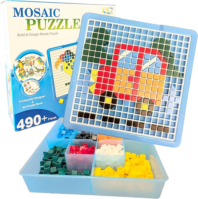 KIEZ 490 Pieces Mosaic Puzzle, Pixel Art Challenge with 24 Designs (Animals, Vehicles, Fruits, Architectures), DIY Art STEM Toys for Kids 3+ Years Old