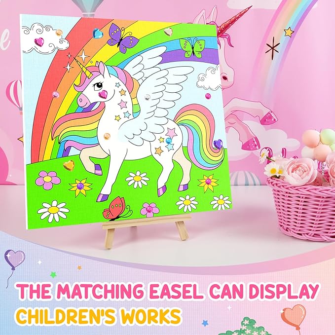 ZMLM Kids Pre Drawn Canvas for Painting, Acrylic Painting Kit for Kids ages 4-8, 10 x 10 Inch Unicorn Pre Drawn Canvas Panel with Diamond Sticker, Arts & Crafts for Kids Birthday Christmas Shcool Gift
