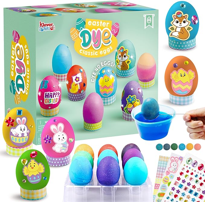 Klever Kits 20Pcs Easter Egg Dye Kit, DIY Easter Decorating Craft Kit with Egg Tray, Stands, Stickers for Kids Coloring Theme Creativity Activity, Home School Crafts