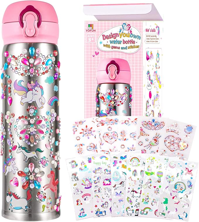 YOFUN Decorate Your Own Water Bottle with 11 Sheets of Unicorn Stickers & Glitter Gems, Craft Kit & Art Kit for Children, Gift for Girls Age 4 5 6 7 8 9 10 Years Old Kids, BPA Free Insulated (Silver)
