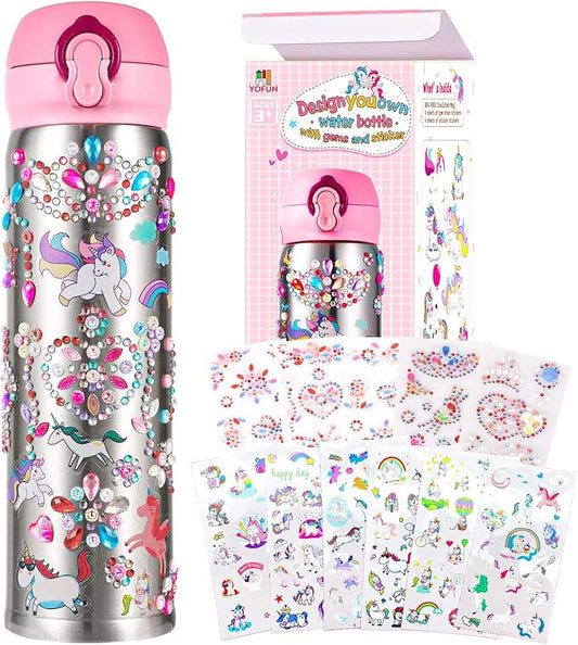 YOFUN Decorate Your Own Water Bottle with 11 Sheets of Unicorn Stickers & Glitter Gems, Craft Kit & Art Kit for Children, Gift for Girls Age 4 5 6 7 8 9 10 Years Old Kids, BPA Free Insulated (Silver)