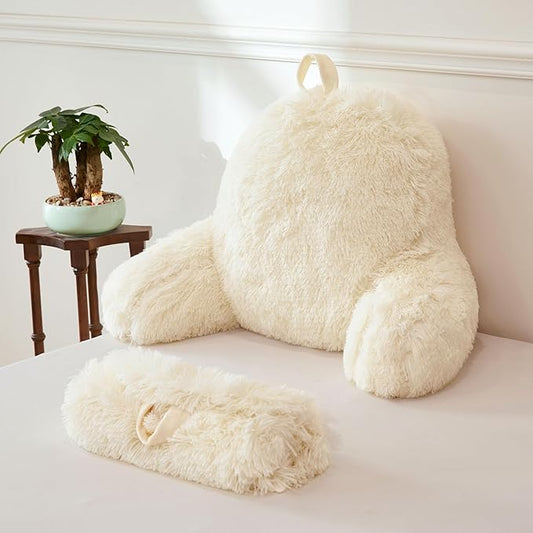 XeGe Faux Fur Reading Pillow Cover (No Filler), Fluffy Back Rest Pillow Case for Sitting in Bed, Adults Kids Shaggy Sit Up Back Support Study Pillow Cover with Arms Couch Chair Home Decoration, Beige