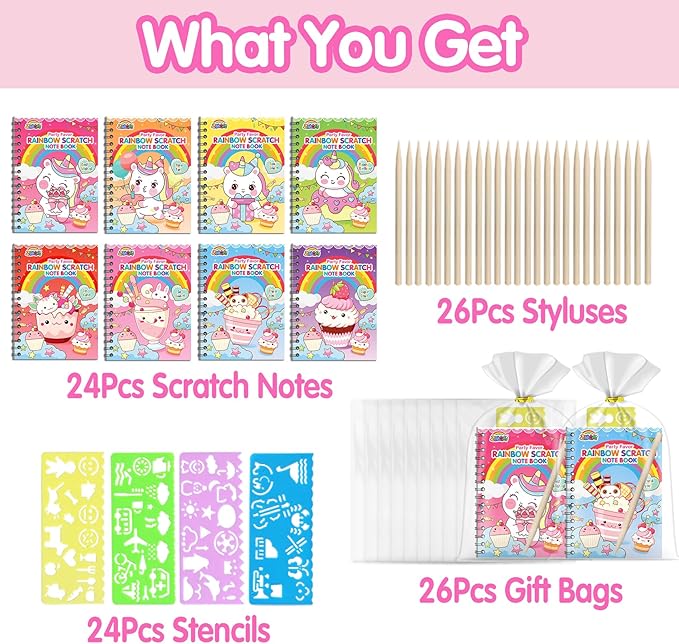 ZMLM Kids Scratch Party Favors Gifts: 24 Pack Unicorn Scratch Art Notebooks Birthday Gifts Rainbow Party Favors Toys Girls Boys Bulk Art Craft Kit Stocking Stuffers Classroom Prizes Christmas Gift