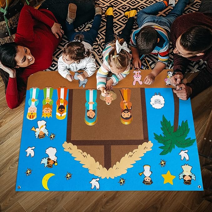 WATINC 42Pcs Nativity Baby Jesus Birth Felt Story Board Set Christmas Storytelling Party Supplies Xmas He is Risen Jesus Crucifixion Resurrection Early Learning Play Kit for Toddlers Kids