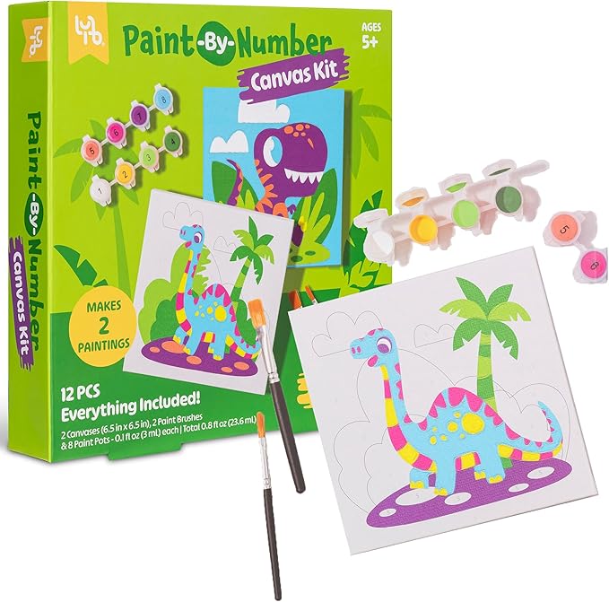 Dino Paint-by-Number Canvas Kit - All-in-1 Art Set, 2 Dinosaur Paintings, 8 Non-Toxic Paint Pots & 2 Brushes, Kids Ages 5+
