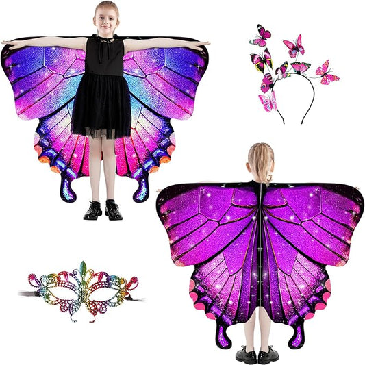Butterfly Wings For Girls, Double-Sided Fairy Wings, Halloween Costumes for Kids, 3PCS Butterfly Cape Set.