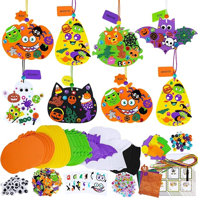 Winlyn 36 Sets Halloween Craft Kits Fall Crafts DIY Pumpkin Bat Black Cat Ghost Candy Corn Frankenstein Ornaments Art Sets Halloween Foam Stickers for Kids Classroom Activities Halloween Party Treats