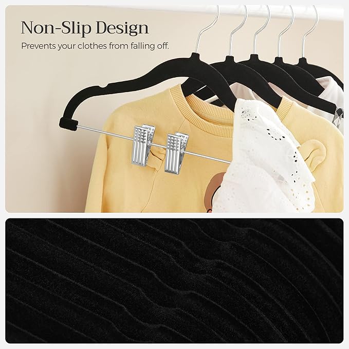 SONGMICS Baby Hangers, 30 Packs Pants Hangers with Clips, Kids Hangers with 6 Clothes Dividers, Non-Slip Children’s Clothes Hangers, Pants Hangers, Black UCRF013B30