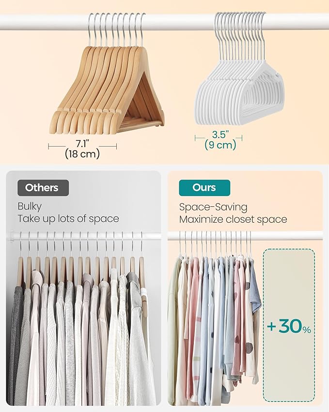 SONGMICS Kids Hangers 50 Pack, 14 x 8 Inches, Baby Hangers for Closet, Non-Slip Velvet Hangers, Childrens Hangers, Space-Saving Clothes Hangers, Wide Shoulder Notches, Cloud White UCRF038W01