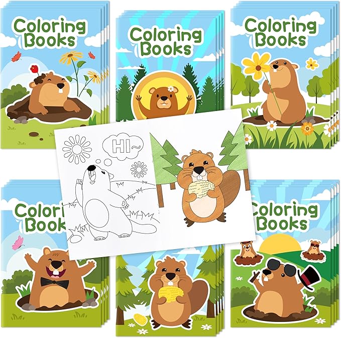 ANGOLIO 24Pcs Groundhog Coloring Books Bulk for Kids Cartoon Dormouse Animals Coloring Books Mini DIY Art Drawing Booklet for Kids Happy Groundhog Day Supplies Spring School Rewards Goodie Bag Filler