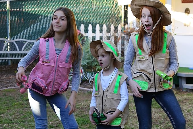 Youth M/L Combination Set Boys and Girls: 1 Tan Cargo Vest for Kids with Reflective Safety Straps & Sun Hat with Chin Strap. Color: Youth M/L Tan