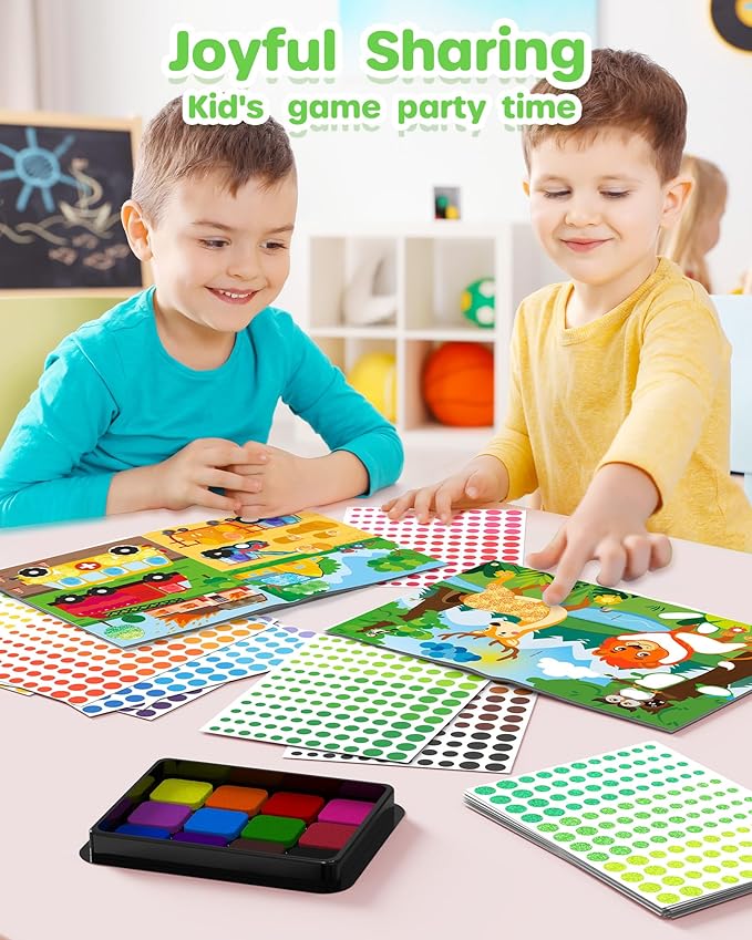 D-FantiX Dot Art Sticker Activity Book with Ink Pad, Mess-Free Finger Painting for Toddlers, Dinosaur, Animal, Outer Space, Vehicle Arts and Crafts, Kids Travel Activities, Boys Easter Basket Stuffers