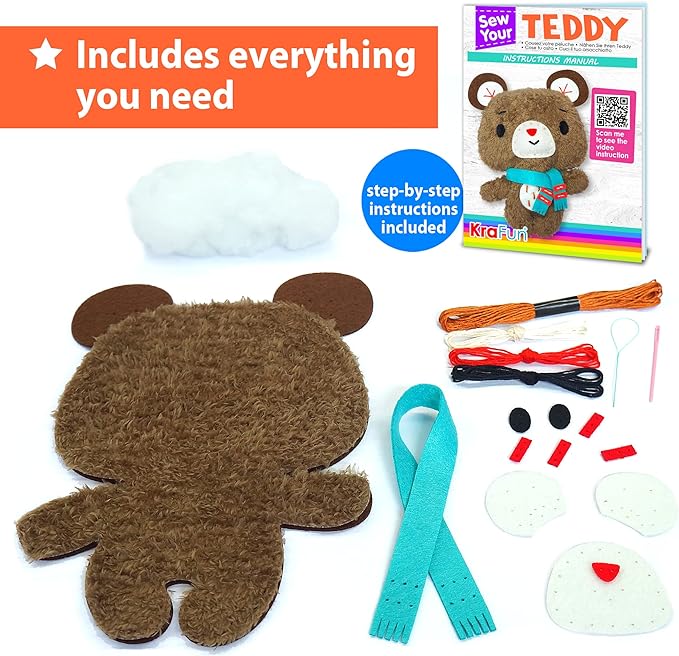 KRAFUN Teddy Bear Animal Sewing Kit for Kids Beginner My First Art & Craft, Includes Teddy Doll Stuffed Doll, Instructions & Plush Felt Materials for Learn to Sew, Embroidery, Age 7 8 9 10 11 12