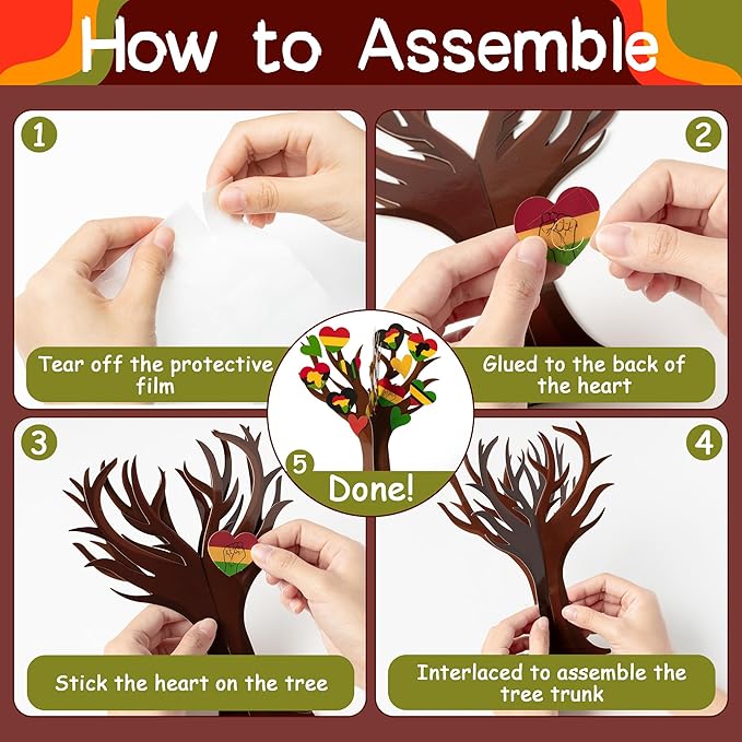 WATINC Black History Month Heart Tree Craft Kits, Make Your Own African American Heart Trees Decoration, DIY Black History Holiday Celebration Craft Supplies Home School Fun Activity for Kids (48Pcs)