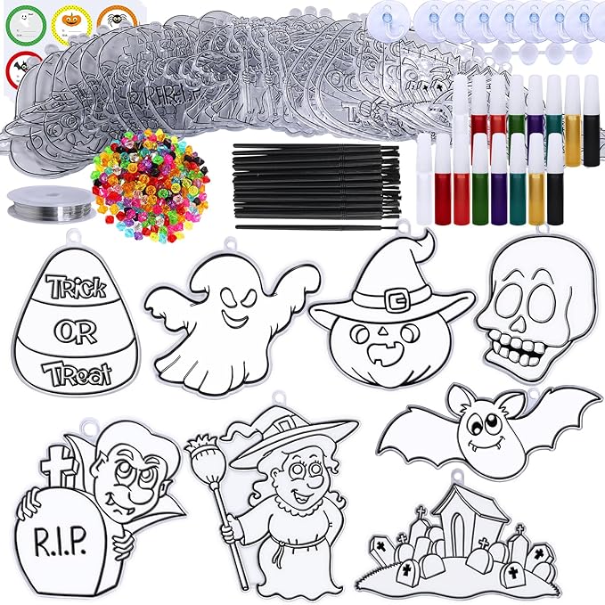 Winlyn 27 Sets Halloween Suncatchers Ornaments Decorations DIY Window Paint Art Suncatchers Halloween Craft Kits Jack-O'-Lantern Bat Ghost Skull Sun Catchers for Kids Classroom Activities Art Project