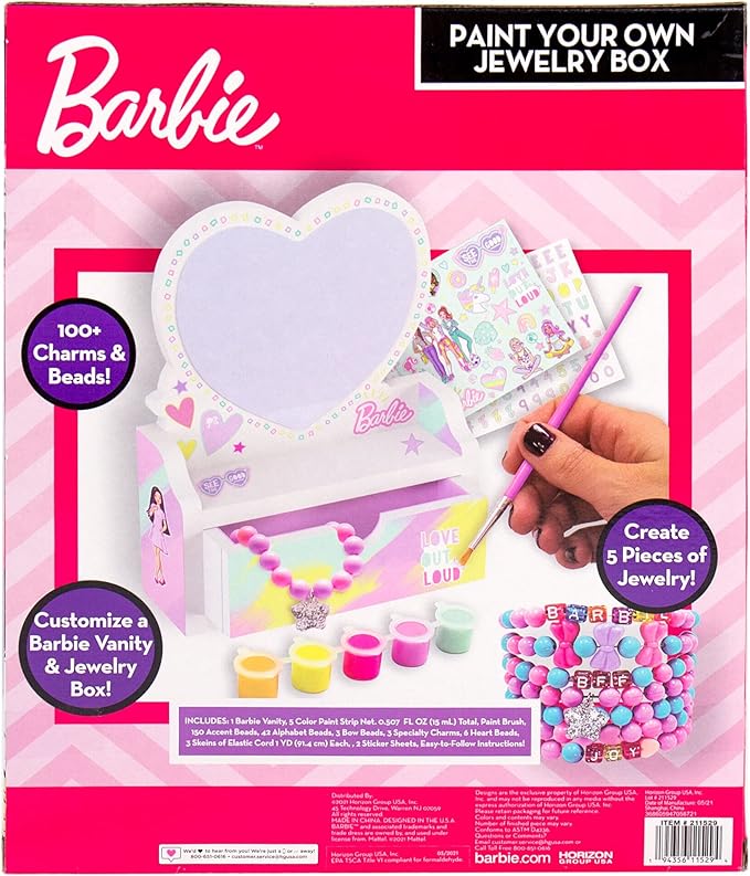 Barbie Paint Your Own Jewelry Box, Customize A Heart-Shaped Vanity & Jewelry Box with Acrylic Paints, Create 5 Pieces of Jewelry, 100+ Charms & Beads, Bead Kit for Kids Ages 5, 6, 7, 8