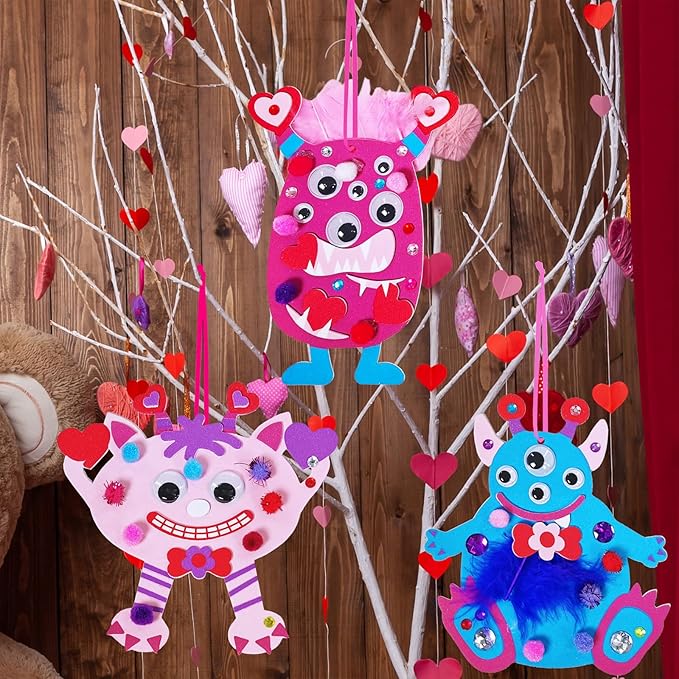 Winlyn 24 Sets Valentine Decorations DIY Valentine Monster Ornaments Craft Kits Hearts Monster Art Sets Foam Valentine Stickers for Kids Valentine's Day Party Classroom Activities Gift Exchange