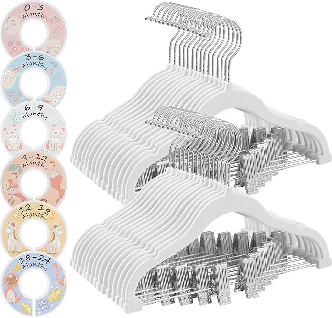SONGMICS Baby Hangers, 30 Packs Pants Hangers with Clips, Kids Hangers with 6 Clothes Dividers, Non-Slip Children’s Clothes Hangers, Pants Hangers, White UCRF013W30