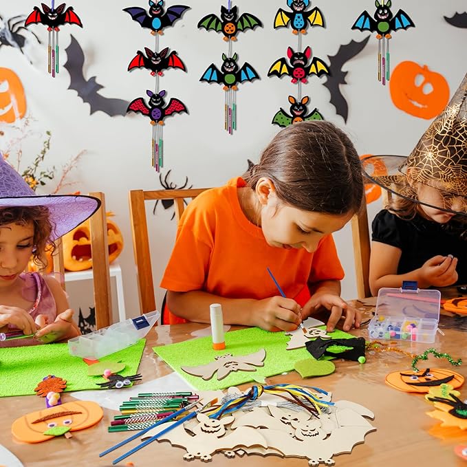 9 Pack Wind Chime Kit for Kids,Halloween Craft Kits Wooden Bat Wind Chime Decorative Hanging Ornaments DIY Painting Craft for Boys Girls Family Activities Halloween Party Supplies