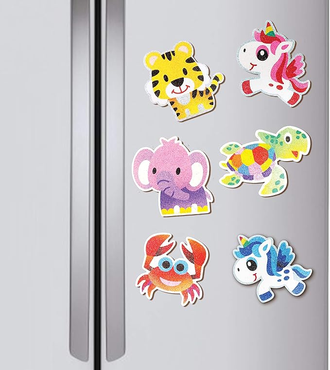 VHALE Peel and Stick Magnetic Sand Art Board, 5 MDF Sand Art Sets with Non Scratch Magnets, Peel, Sprinkle and Stick Designs, 12 Sand Colors, Fridge Decor, Kids Party Favors (Animal)