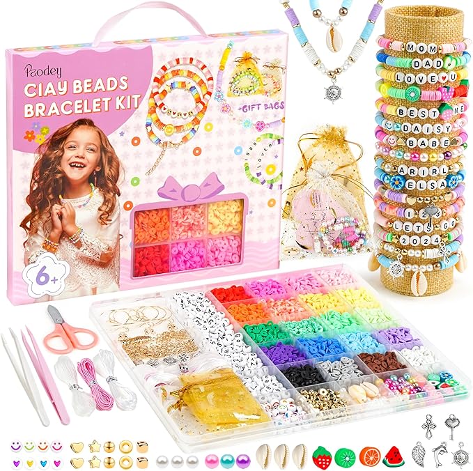 Paodey Girls Gifts Bracelet Making Kit, 20 Colors Polymer Clay Beads with Charms Arts and Crafts Kit Jewelry Making Set Birthday Gift Idea Girl Toys Gifts for Kids Ages 6-13