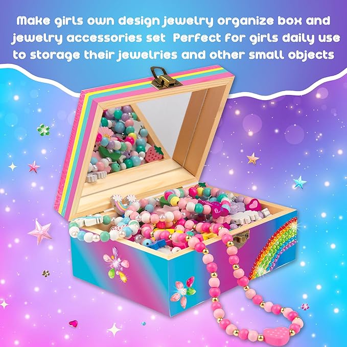 Arts and Crafts for Kids Girls Age 6-8, Paint Your Own Jewelry Box & Bracelet Making Kit, Unicorn Toys for Girls 8-12 Years Old, 250PCS Wooden Beads Charms Jewelry Making Kit Christmas Gift