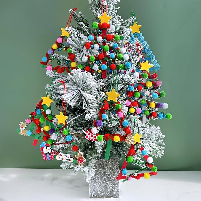 Winlyn 27 Sets Christmas Craft Kits Winter Crafts Popsicle Stick Christmas Tree Ornaments Decorations Art Sets Craft Sticks Christmas Foam Stickers for Kids Holiday Classroom Activities Party Favors