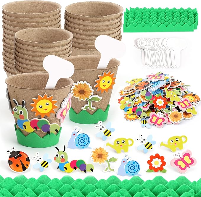 Ayfjovs Garden Paper Pot Craft Kit 55 Pack Flower Plant Spring Craft for Kids with 200 PCS Adhesive Foam Stickers and 55 PCS Plastic Plant Labels for Kids Garden, DIY and Early Education