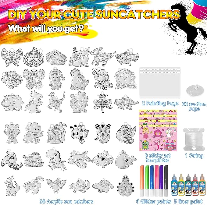 CAPKIT 36Pcs Suncatcher Kits for Kids, Window Art Kids Crafts, 11 Paints for Creative DIY, Arts and Crafts Gift for Kids Children 4-8