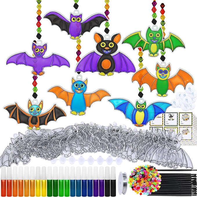 Winlyn 24 Sets Halloween Bat Suncatchers Ornaments DIY Window Paint Art Suncatchers Halloween Craft Kits Bat Suncatchers Painting Kits for Kids Classroom Activities Fall Halloween Party Art Projects