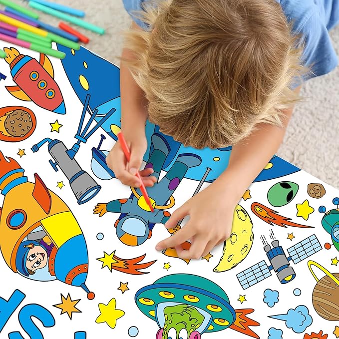Outer Space Giant Coloring Poster for Kids 30 x 72 Inch, Space Large Coloring Poster Tablecloth, Outer Space Themed Color-in Activities Games for Kids School Classroom Home Party Supplies Decorations