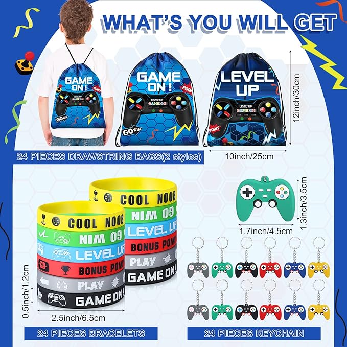 Nosiny 72PCS Video Game Party Favors Birthday Include 24 Video Game Goodie Drawstring Bags 24 Silicone Bracelet 24 Controller Keychain for Kids for Party Supplies(Fresh, Blue)