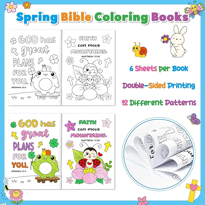 Dvbonike 24Pcs Spring Bible Coloring Books - Religious DIY Color-in Pages Booklet Bulk Drawing Holiday Christian Theme Activity Supplies for Sunday School Classroom Reward Artwork Gift