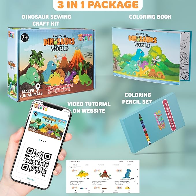 MOMOTOYS Sewing Kit for Kids, Fun & Educational Dinosaur Sew Craft Set for Boys and Girls Ages 8-12, Complete Beginner Kids Sewing Kit with Felt Plushie for Creative DIY Projects