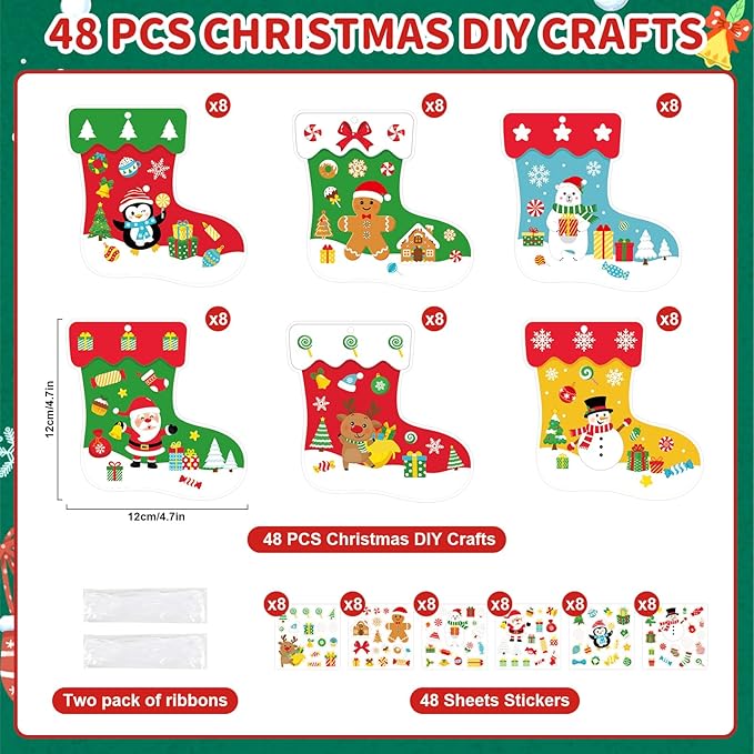 COCHIE 48Pcs DIY Christmas Craft Kits for Kids, Christmas Tree Stockings Ornaments Kit, Make Your Own Christmas Stockings Craft Xmas Party Decor DIY Stockings Cutouts for Holiday Handcraft Supplies