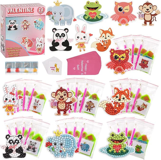 Valentines Day Cards for Kids - 28pcs Diamond Animal Craft Kits Valentines Cards, Kids Valentines Day Cards with 7 Different Gem Stickers for School Classroom Valentine's Gifts Exchange Decorations