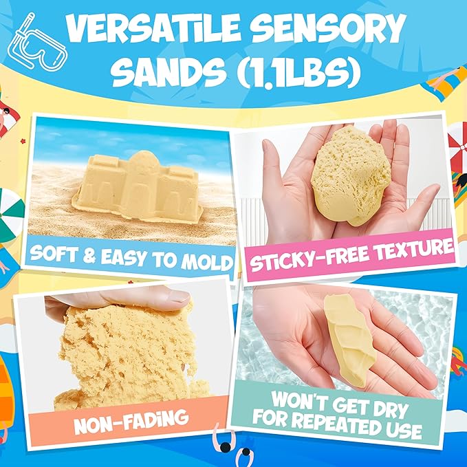 Play Sand Kit - Folding Sand Box with 1.1lbs Sensory Sand, Castle Molds & Foldable Tray - Sensory Bin Toys for Kids, Boys and Girls