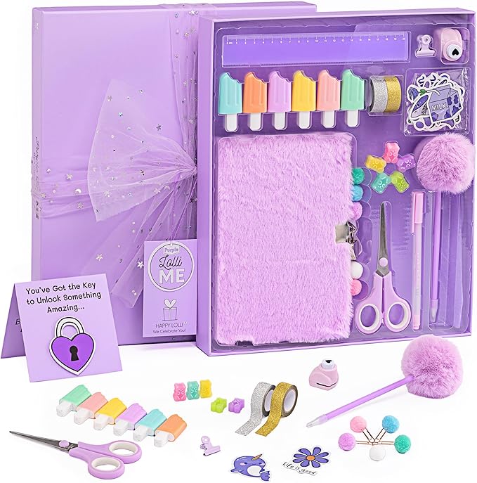 Happy LolliME Purple DIY Journal Kit for Girls – 300+ Pieces! Lockable Fuzzy Diary, Markers, Stickers & Empowering Pages – Gift Box for Tweens & Teens – Creative Journaling Set