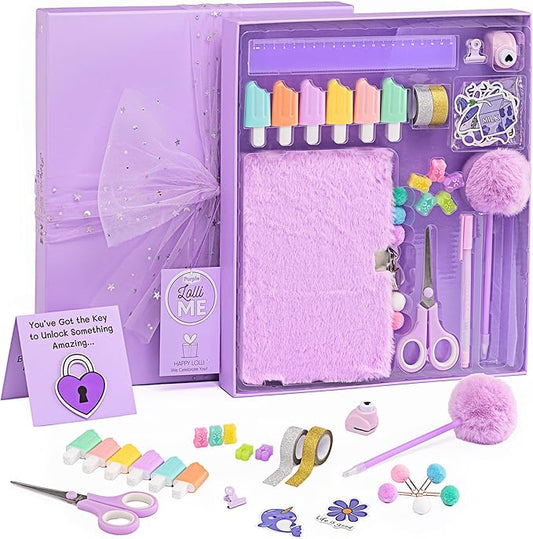 Happy LolliME Purple DIY Journal Kit for Girls – 300+ Pieces! Lockable Fuzzy Diary, Markers, Stickers & Empowering Pages – Gift Box for Tweens & Teens – Creative Journaling Set