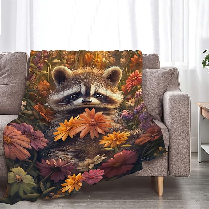 Raccoon Throw Blanket Cute Cartoon Raccoon Gifts for Kids Girls Boys Adults Women Men Soft Cozy Warm Plush Fluffy Fuzzy Fleece Blanket Birthday Festival Home Decor 40''X50''
