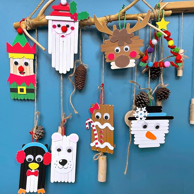 Winlyn 32 Sets Christmas Craft Kits Winter Crafts DIY Popsicle Stick Christmas Ornaments Decorations Art Sets Craft Sticks Christmas Foam Stickers for Kids Holiday Classroom Activities Party Favors