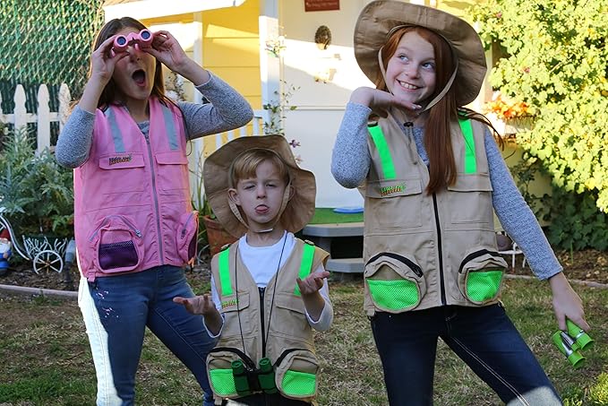 Youth M/L Combination Set Boys and Girls: 1 Tan Cargo Vest for Kids with Reflective Safety Straps & Sun Hat with Chin Strap. Color: Youth M/L Tan
