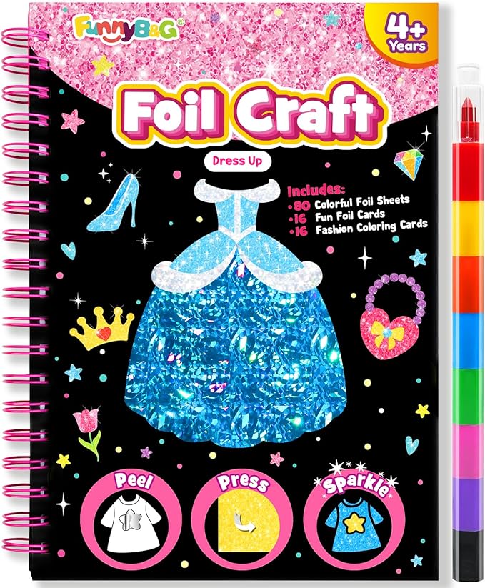 Foil Art Craft Activity for Kids: Fun DIY Toy Sticker Kit, No Mess Creative Travel Supply Set, Idea Birthday Easter Basket Stuffers Valentines Gift for Girl Boy Toddler 4 5 6 7 8 9 Year Old (Dress Up)