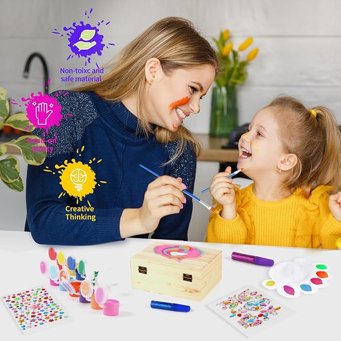 Arts and Crafts for Kids Girls Age 6-8, Paint Your Own Jewelry Box & Bracelet Making Kit, Unicorn Toys for Girls 8-12 Years Old, 250PCS Wooden Beads Charms Jewelry Making Kit Christmas Gift