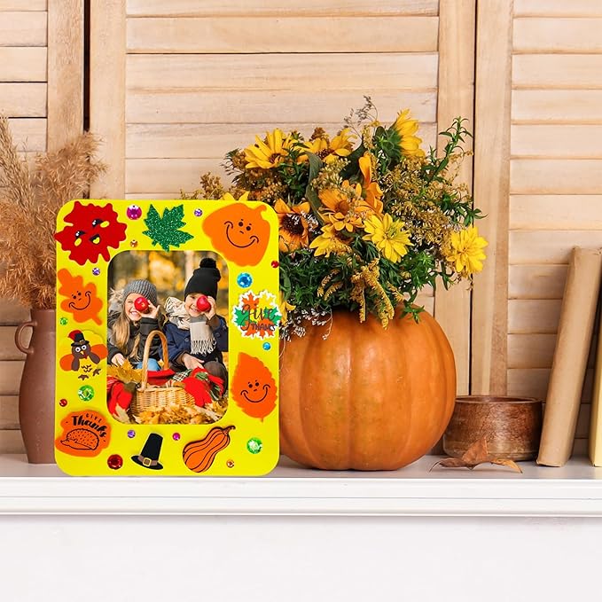 Winlyn 24 Sets Thanksgiving Craft Kits Fall Crafts DIY Autumn Harvest Picture Frame Decorations Festive Foam Stickers Fall Arts and Crafts for Kids Holiday Home Classroom Art Activities Party Favors