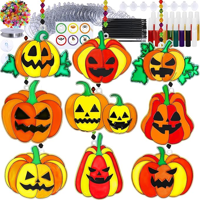 Winlyn 27 Sets Halloween Pumpkin Suncatchers Ornaments Decorations DIY Window Paint Art Suncatchers Craft Kits Jack-O'-Lantern Sun Catchers for Kids Classroom Activities Fall Halloween Art Project